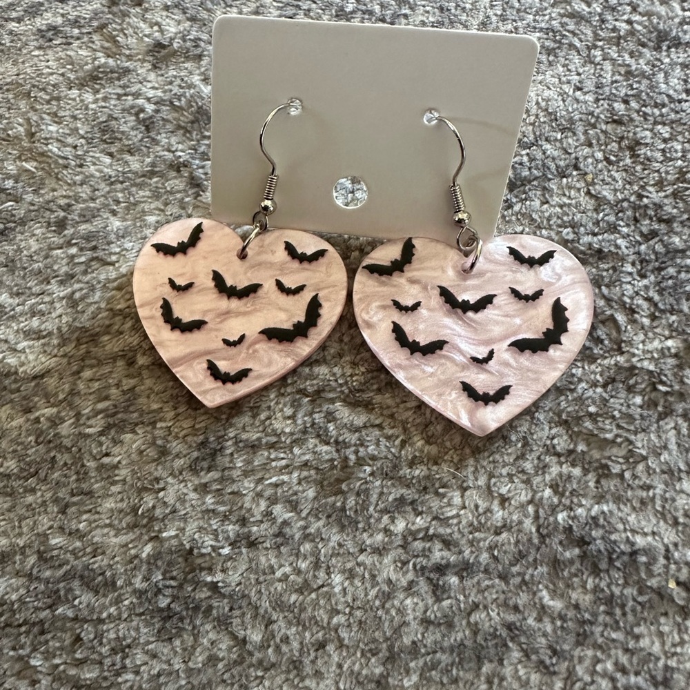 Acrylic Pink Pearl with Bats Dangle Earrings Halloween Spooky